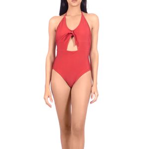 Ribbed Tie-front Coral One Piece Swimsuit