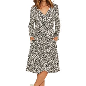 Vestido Flores Mga Larga Print Negro