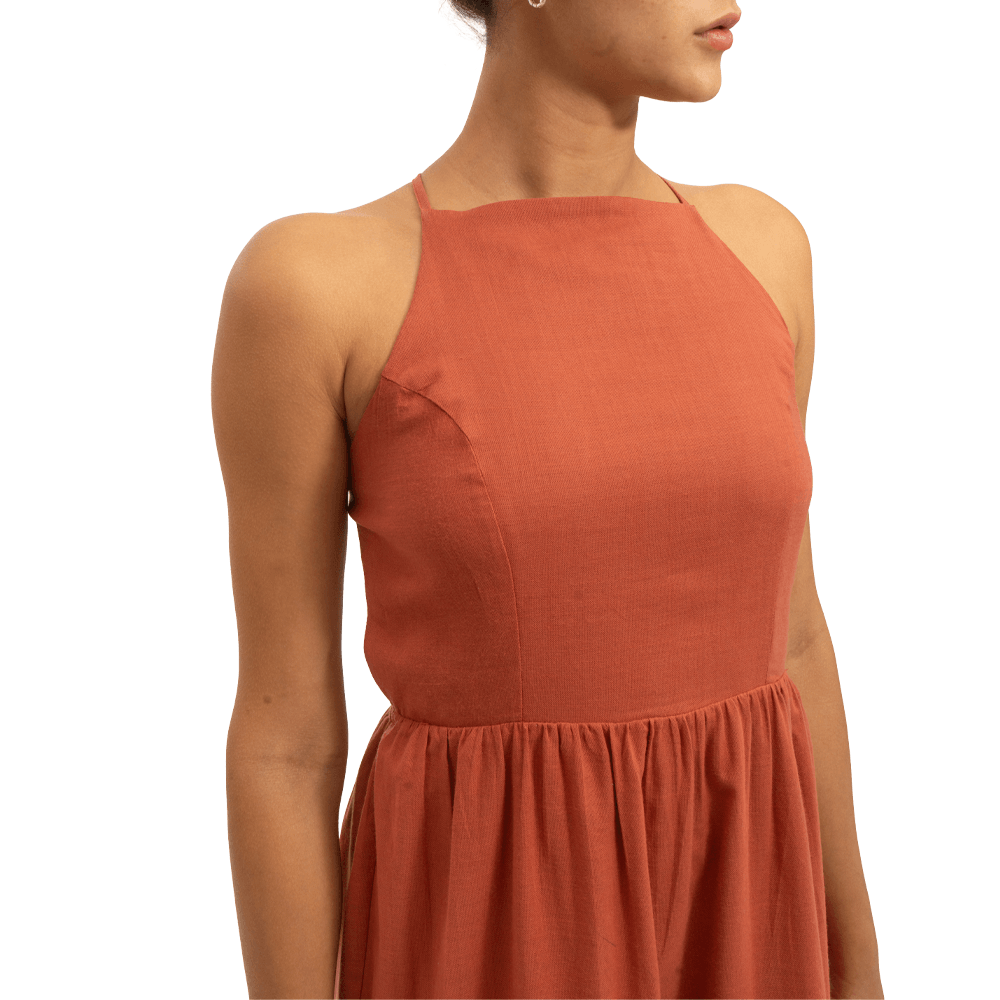 Vestidos de chiffon estilo halter con cuerpo plisado Terracota