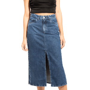 Mid Waist Denim Maxi Skirt Azul Oscuro