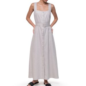 Vestido de Lino con Cinturon Beige