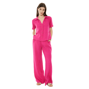 Camisa de Lino MC con Escote Fucsia