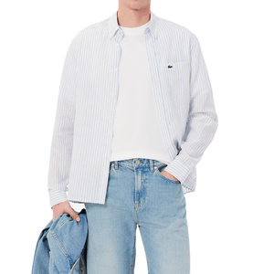 Camisa Rayada Lino Fit Manga Larga Blanca