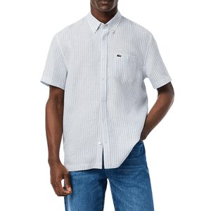 Camisa Lino a Rayas Fit Manga Corta Blanca